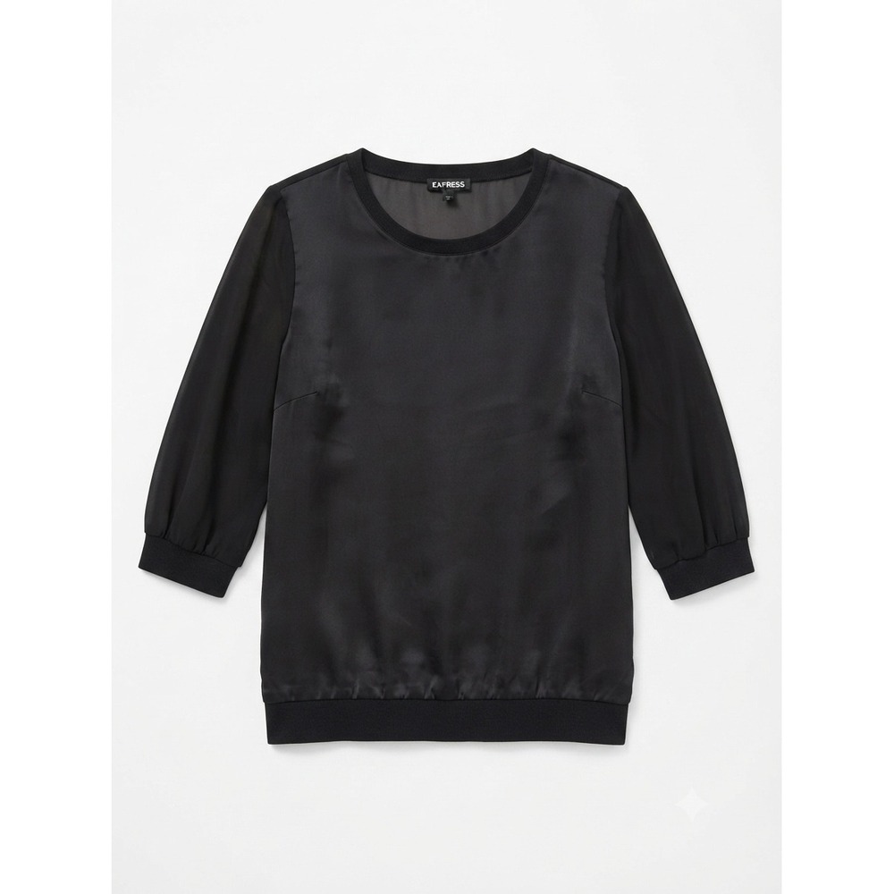 Express Womens Black Satin Chiffon Mixed Media 3/4 Sleeve Blouse Large - Picture 1 of 13